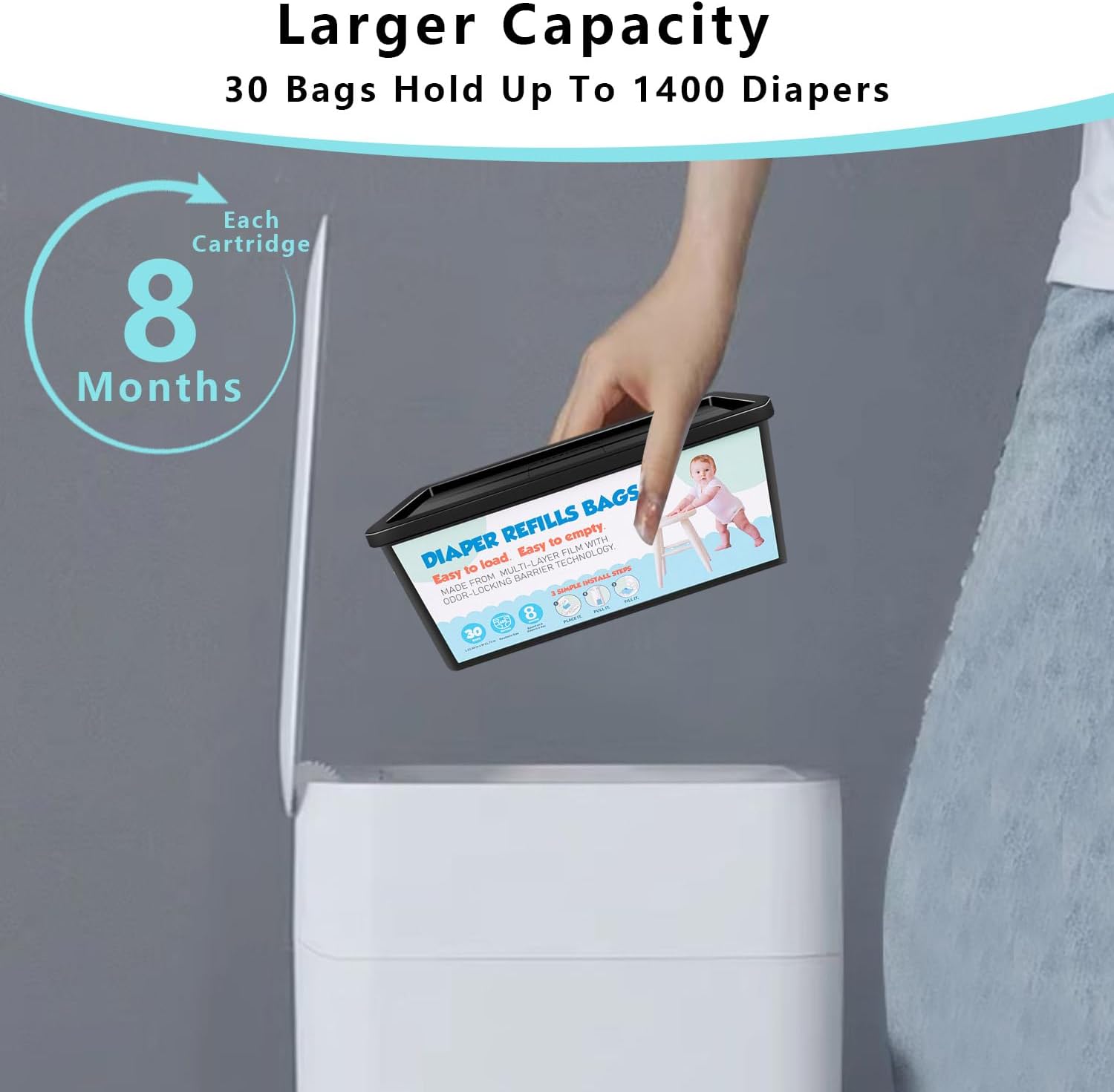 Diaper Pail Refills with 30 Bags Compatible with Genie Easy Roll Signature Diaper Pail and Platinum Diaper Pail, Hold Up to 1400 Newborn-Sized Diapers Per Refill,2 Packs(60Bags)