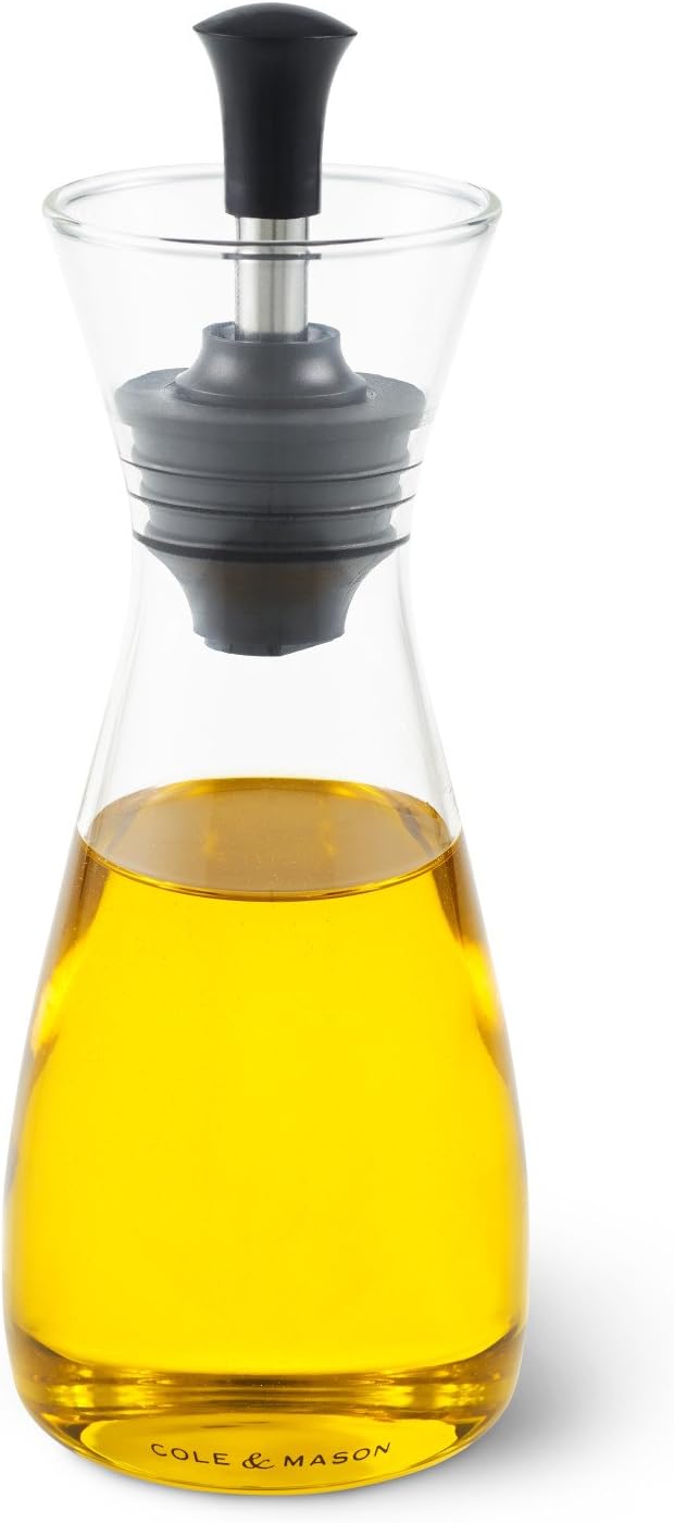 COLE & MASON Classic Oil & Vinegar Pourer - Stainless Steel Pourer With Durable Borosilicate Glass - 12.5 Fluid Oz. Capacity