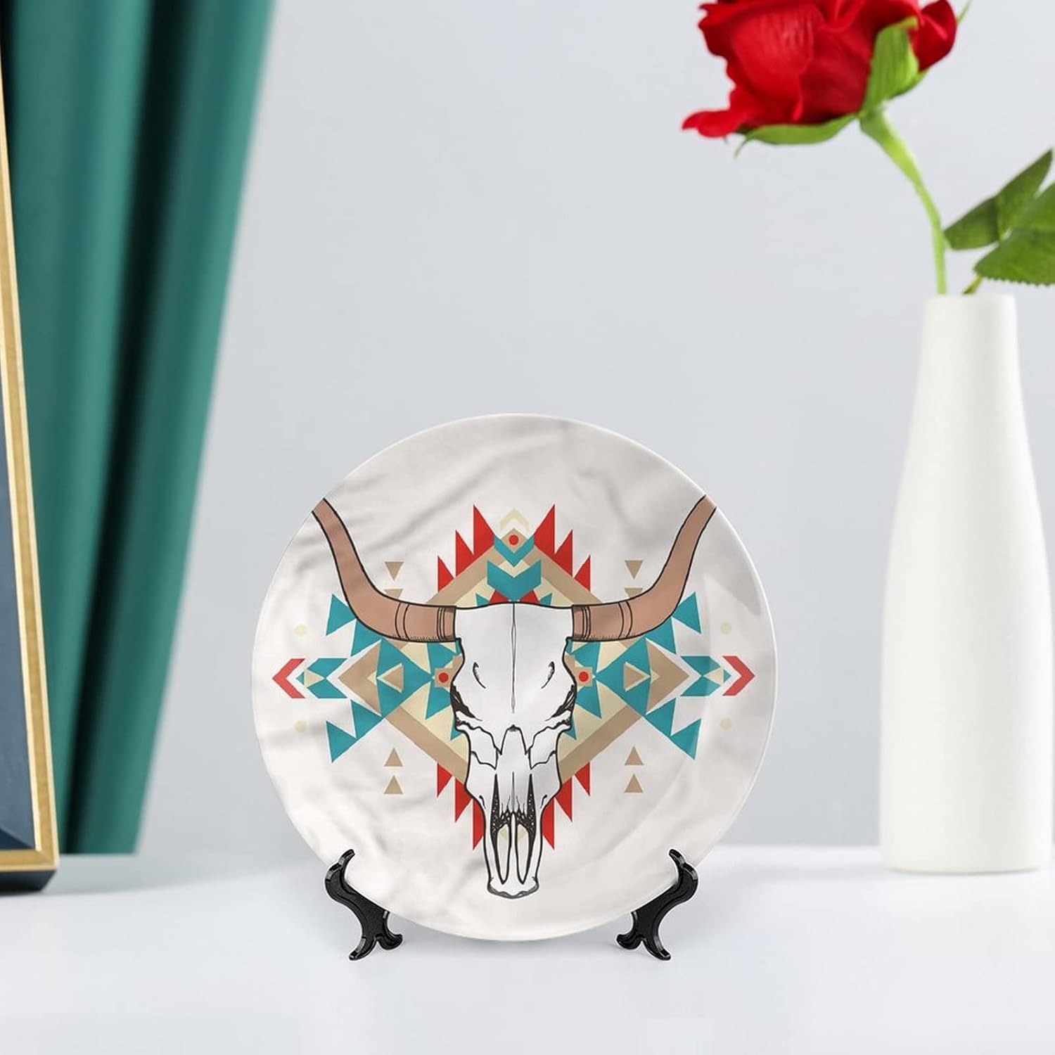 7 Inch Decorative Plate, Western Ceramic Stoneware, Deer Skull Ornamental Design Print Ornament Display Plate for Dining Table Setting, Wedding Reception Decorations, Christmas Tablescape, Muticolor