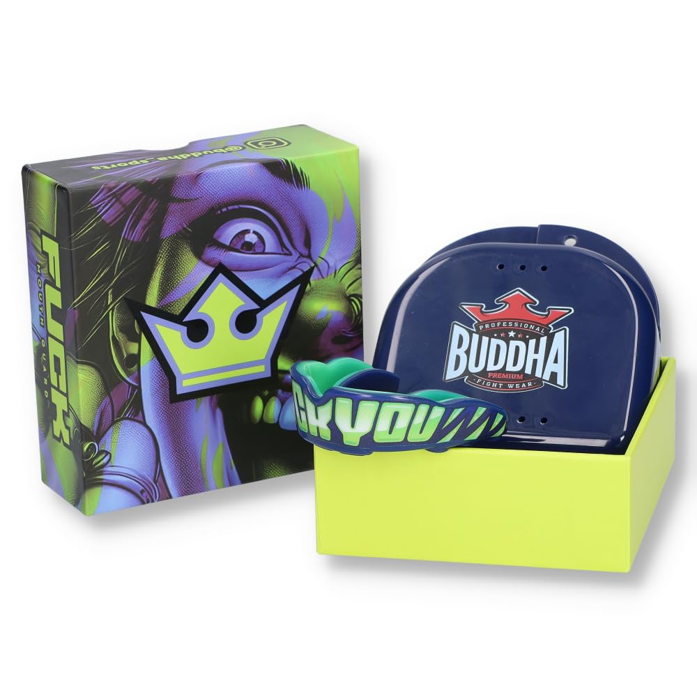 BUDDHA FIGHT WEAR Protector bucal Premium adultos y niños +12 Años para deportes de contacto rugby MMA kickboxing judo hockey boxeo Azul-Amarillo