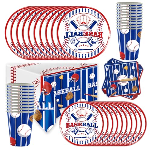 Shamoparty MX037 Lot d'accessoires de fête sur le thème du baseball, pour 20 invités, décorations d'anniversaire de baseball, 61 pièces [gobelets, serviettes, assiettes, nappes]