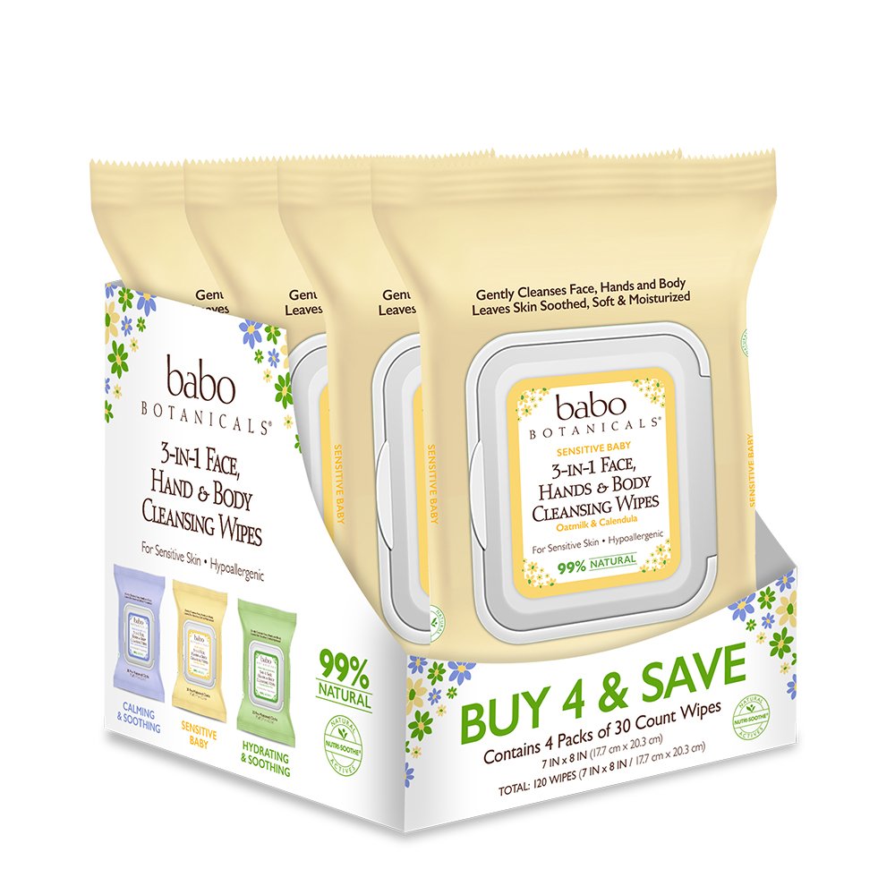 Babo Botanicals Moisturizing 3-in-1 Face, Hand & Body Cleansing Wipes - with Organic Calendula & Natural Oat - For Babies, Kids & Adults with Sensitive or Dry Skin - 30 Count (Pack of 4)