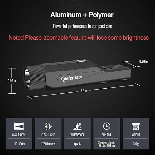 Miniatura 3 de DEFENTAC Linterna táctica con zoom de 1750 lm con estroboscópico momentáneo para rifle, luz de arma con interruptor de presión integrado compatible