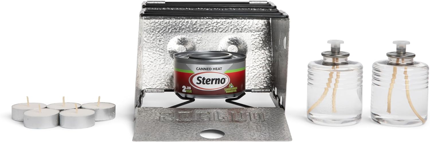 Sterno Emergency Preparedness Kit – Portable Stove, Liquid Wax Candles, Tealights – Supplies for Indoor & Outdoor Cooking & Lighting for Power Outages, Camping & Disasters
