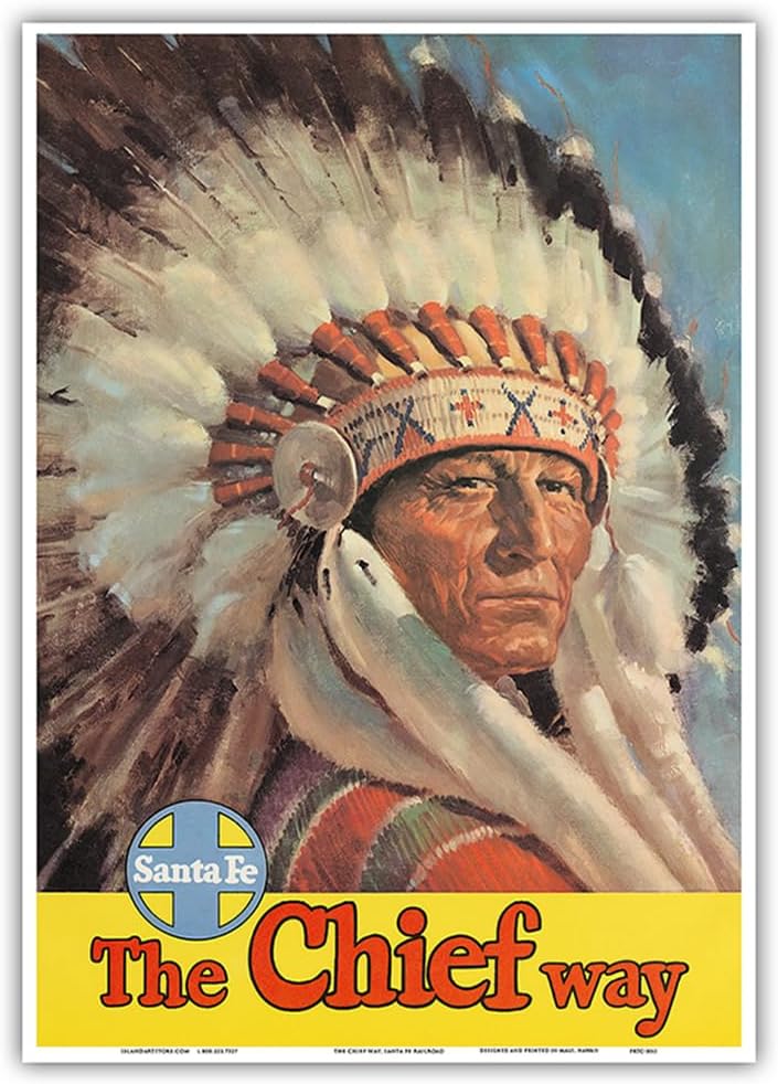 Chicago to California by Train - The Chief Way - Santa Fe Railroad - Native American Indian Eagle Head Dress - Vintage Travel Poster c.1950s - Master Art Print (Unframed) 13in x 19in