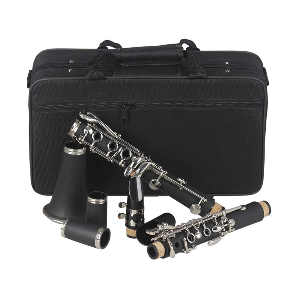Clarinetto piatto in Sib in bachelite nera, strumento a fiato con chiavi argentate, custodia per il trasporto, panno per la pulizia, cacciavite, per principianti, studenti e professionisti