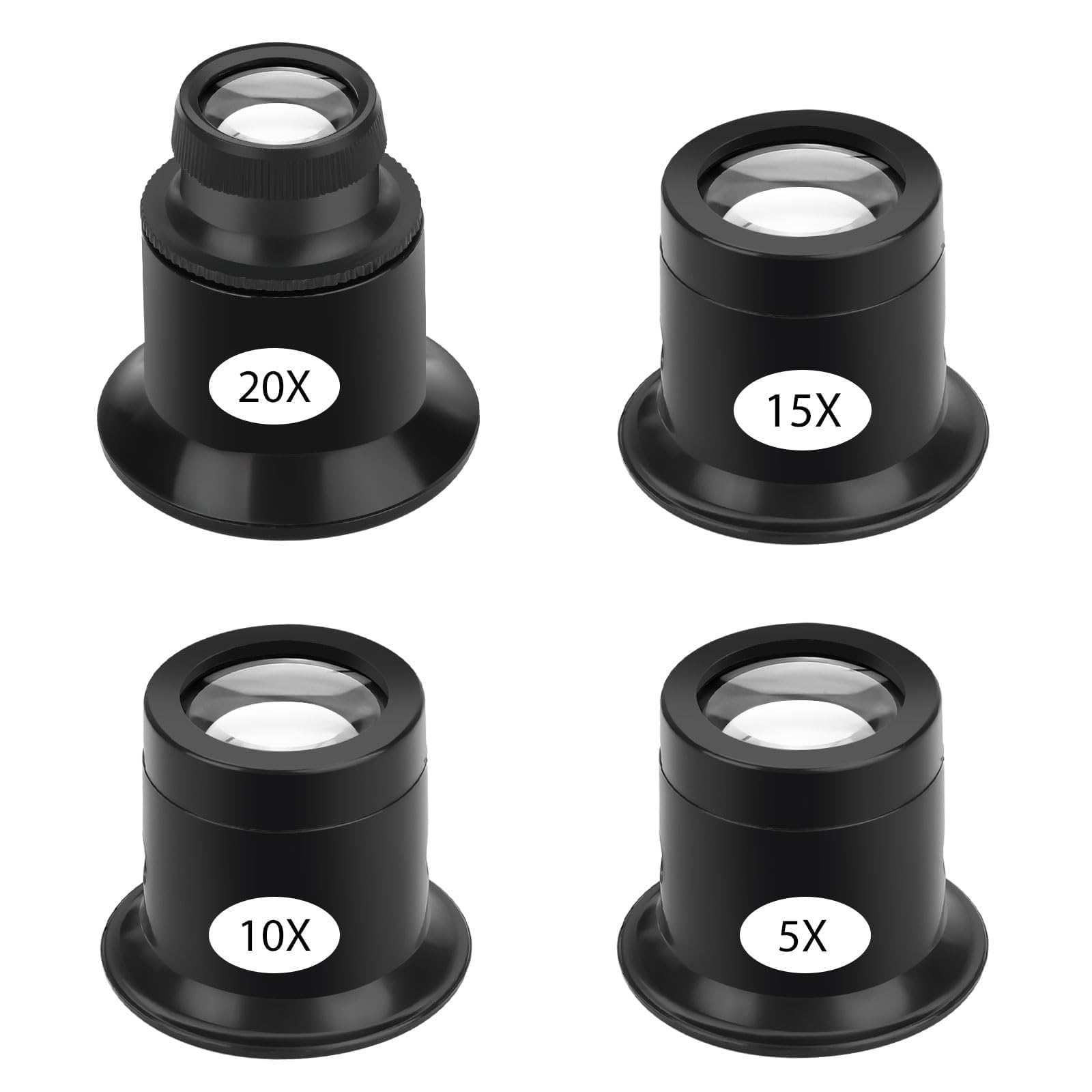 SUNJOYCO Magnifying Eye Magnifier, 4PCS JewelersMagnifying Loupe Glasses, 5X 10X 15X 20X Eye Loop for Watch-Repairing Sewing