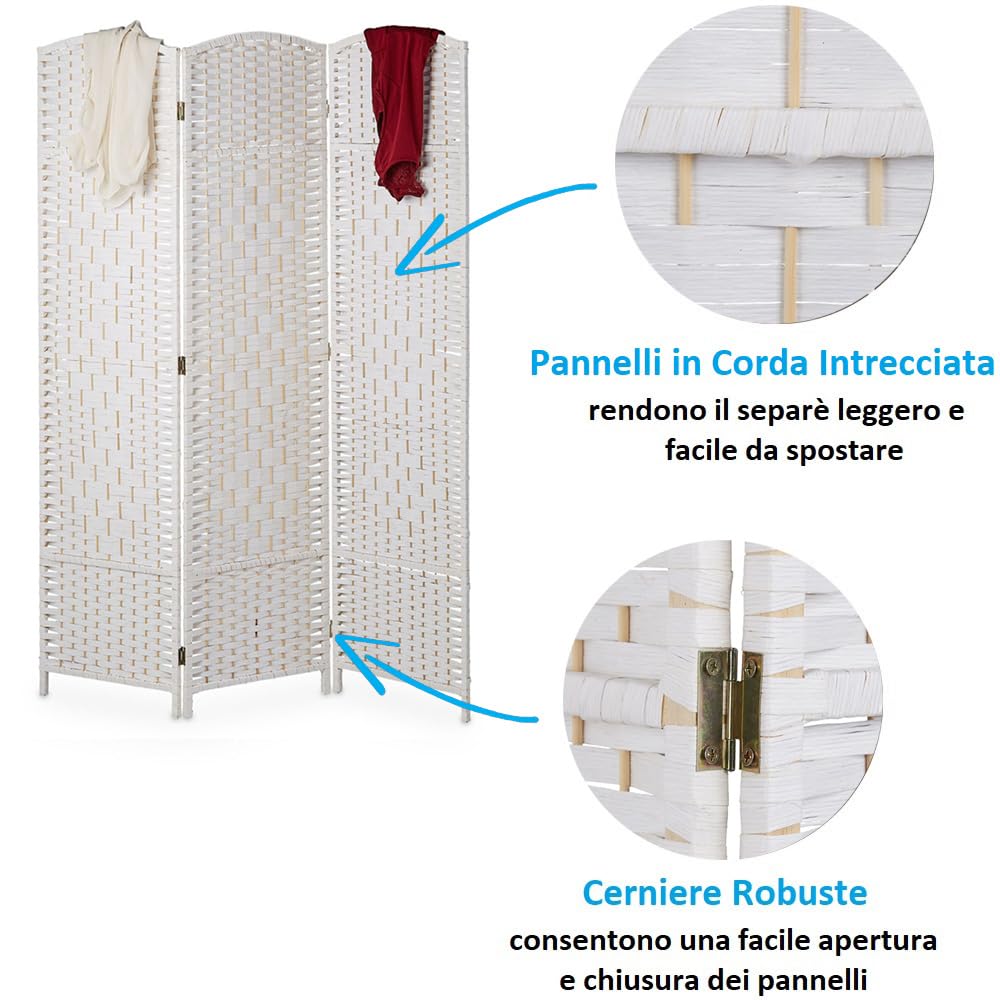 Paluplus Divisorio per Ambienti Pieghevole a 3 Pannelli, Misura 132x180 cm, Separè in Corda Intrecciata, Paravento Decorativo da Interno per Camera da Letto, Soggiorno, Ufficio -968F (Bianco)