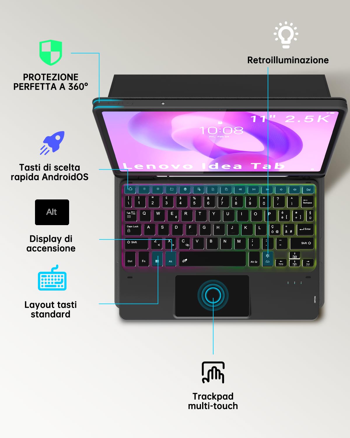 Custodia con Tastiera per Lenovo Idea Tab 11 Pollici Tablet 2025 (TB-336ZU/TB-336FU) : Tastiera retroilluminata Rainbow con touchpad intelligente,[Italiano],Cover Tastiera Rimovibile con Portapenne