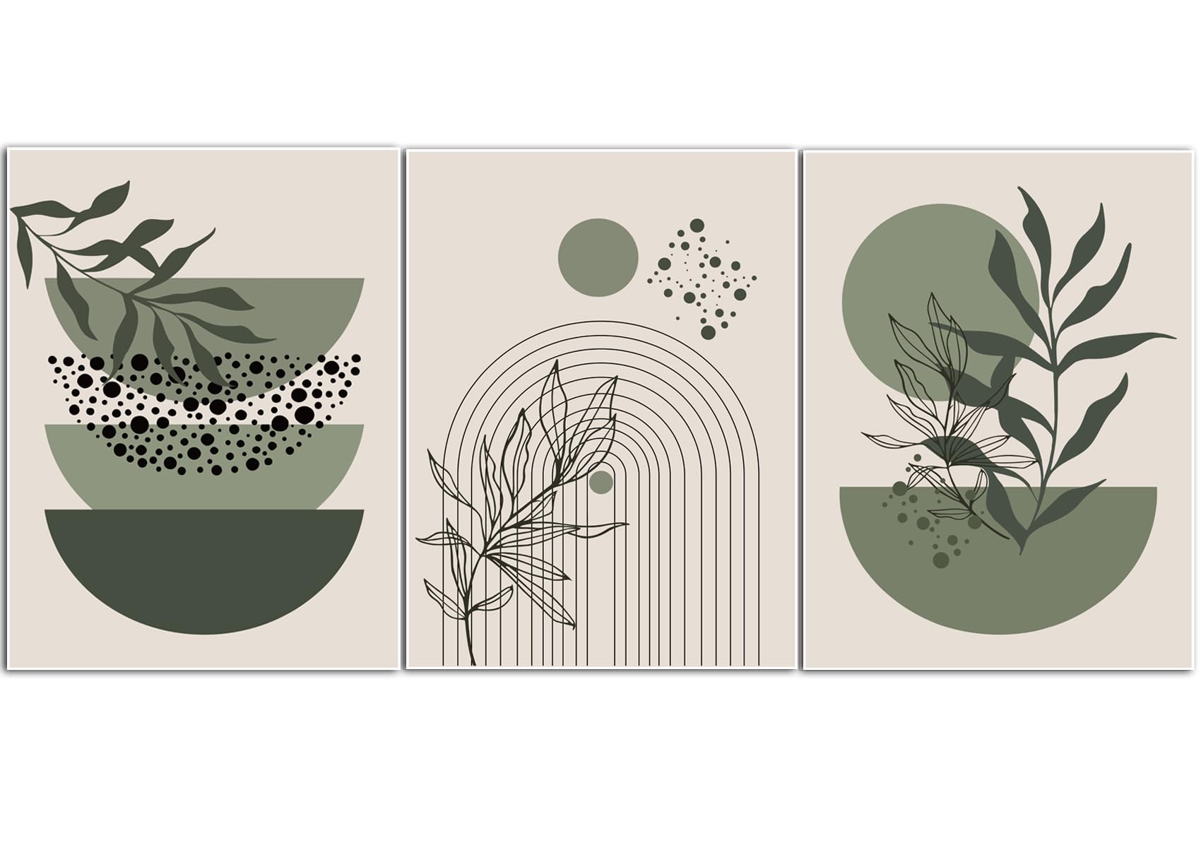 Sage Green Boho Wall Art Set of 3 Abstract Minimalist Geometric Line Poster Green Botanical Leaf Canvas Prints Modern Artwork Painting Decor for Living Room Bedroom Office 16x24 in Unframed