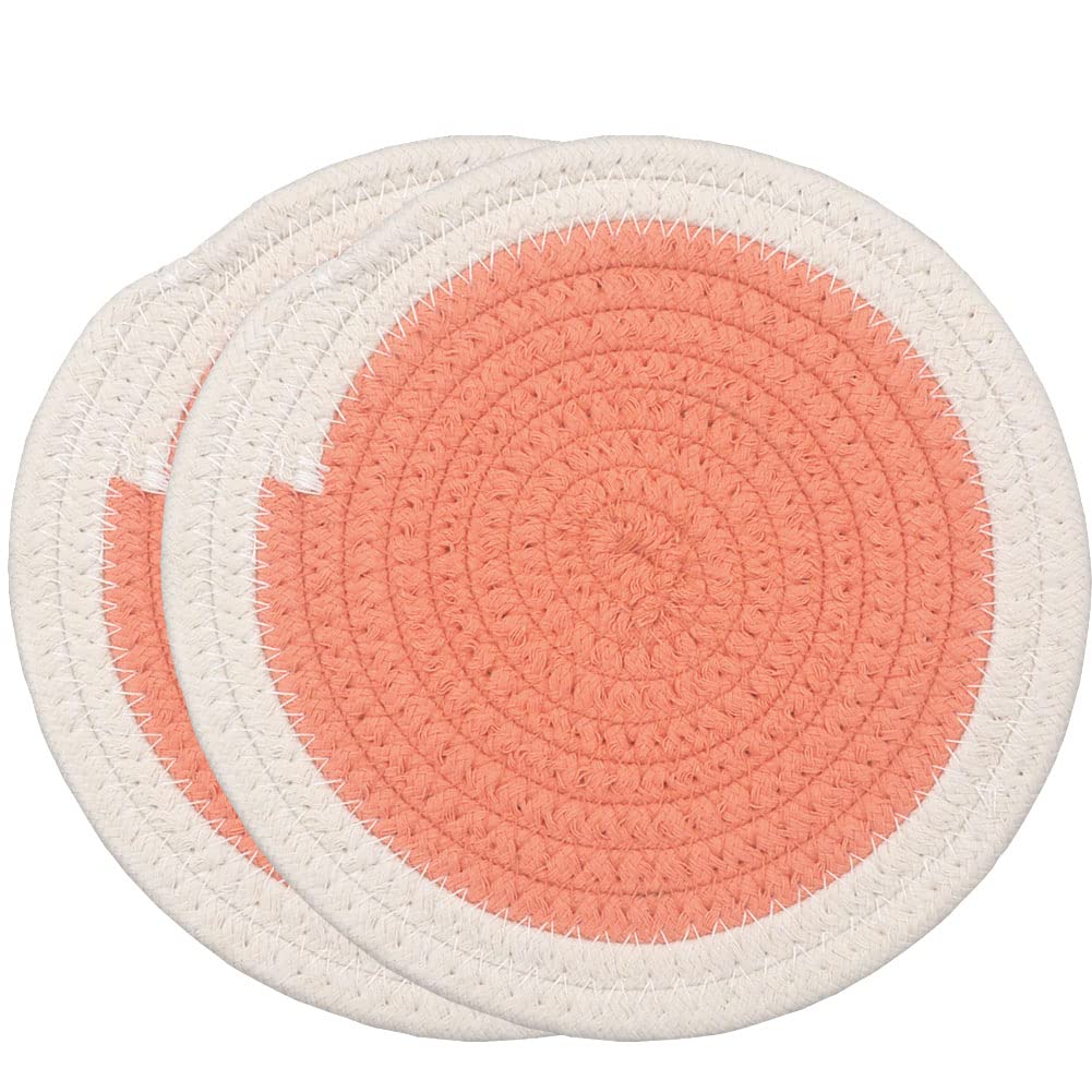SCF2017 Round Cotton Rope Placemats Heat-Resistant 18cm Small Table Mats Coasters,Set of 2,Orange + white — image 1