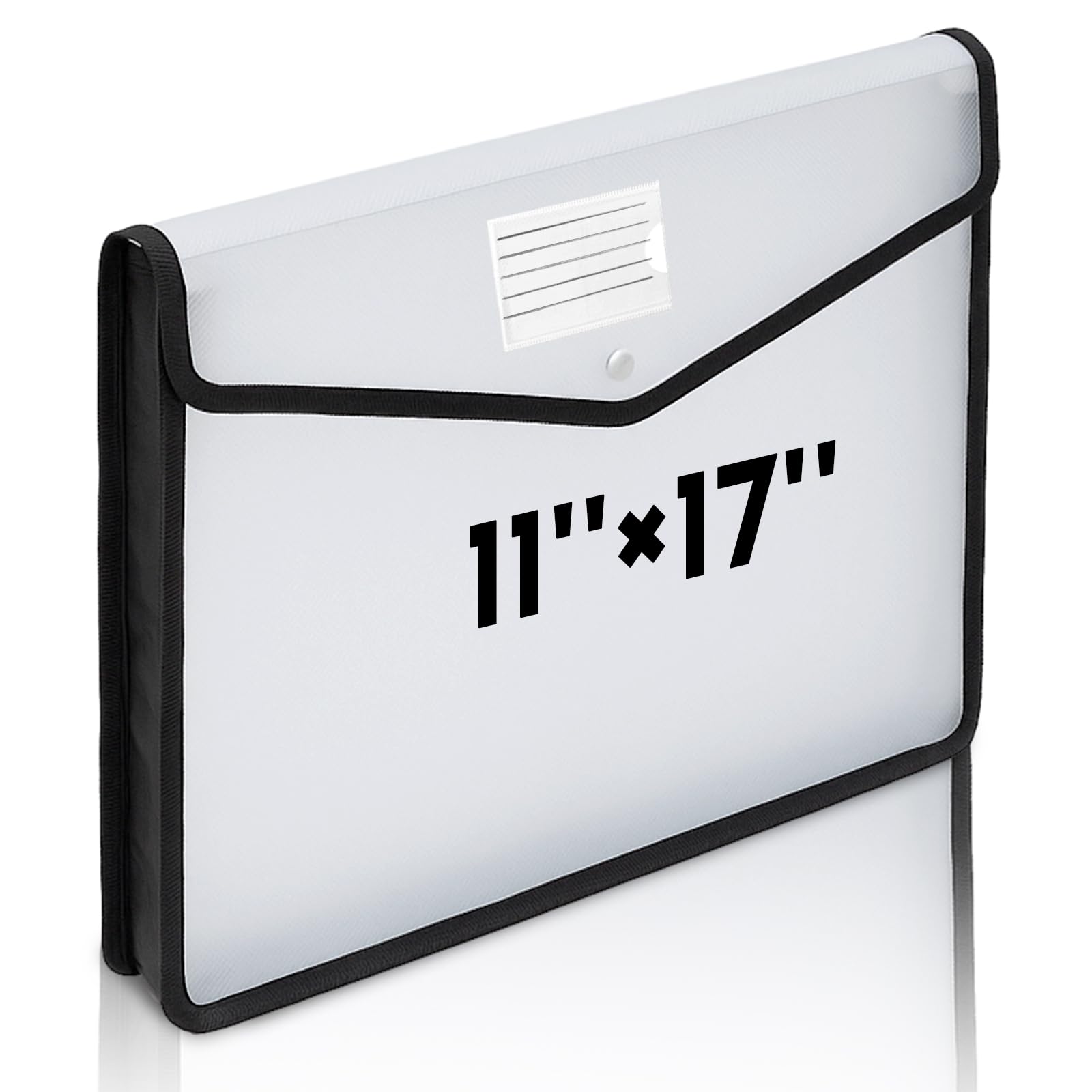 AmazingSpark 1 Pcs 11 x 17 Inch Expandable Tabloid Size Document Folder Organizers with Snap Closure & Label, Clear Plastic Expanding File Folder for A3 Ledger Size Plots Charts (Black)