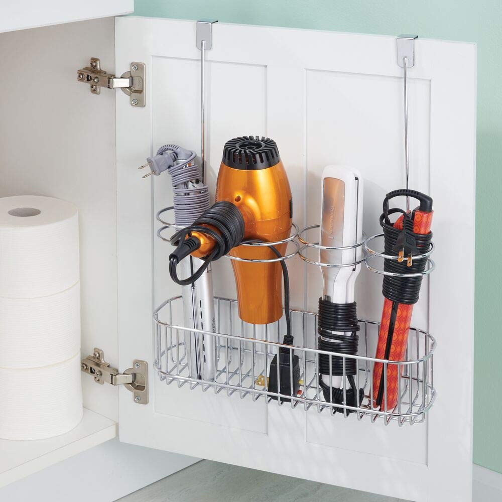 mDesign Fönhalter ohne Bohren – großes Türregal zur Fön Aufbewahrung im Bad – optimaler Badorganizer für Lockenstab, Glätteisen und Haartrockner – silberfarben