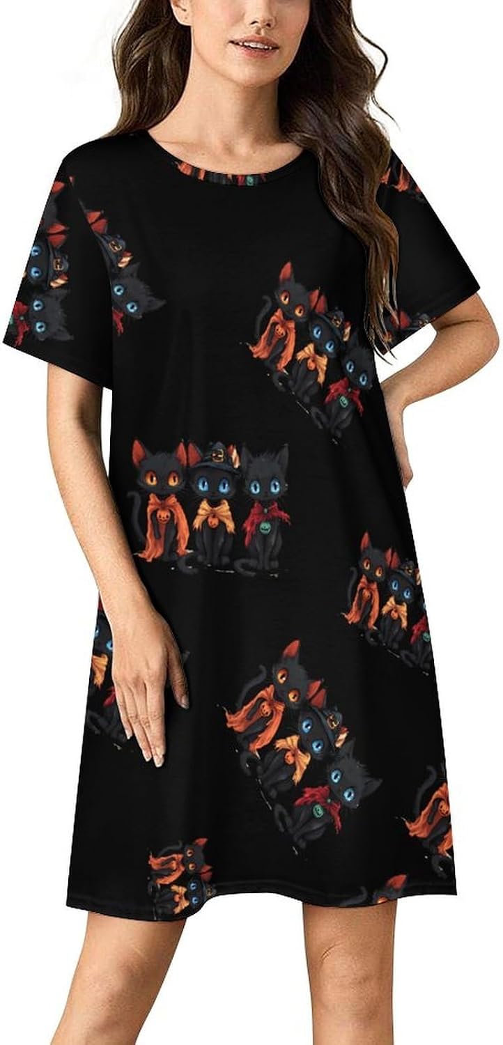 Halloween-cat Womens Nightgown Short Sleeve Sleepshirts Loungewear