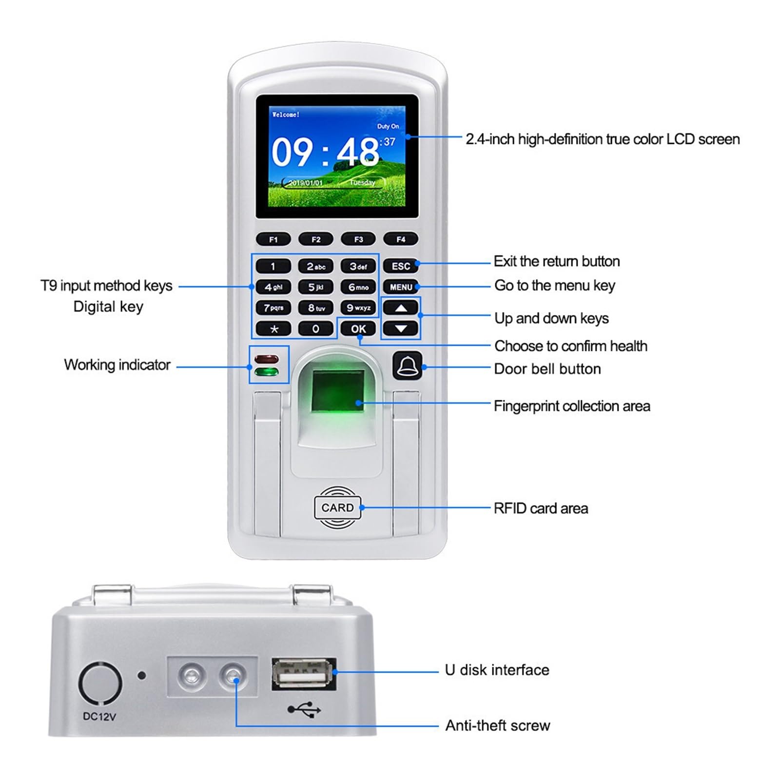 Horloges De Pointage RFID Contrôle D'Accès par Empreinte Digitale Système De Pointage Biométrique IP Enregistreur D'Enregistrement des Employés 2,4 Pouces,Silver