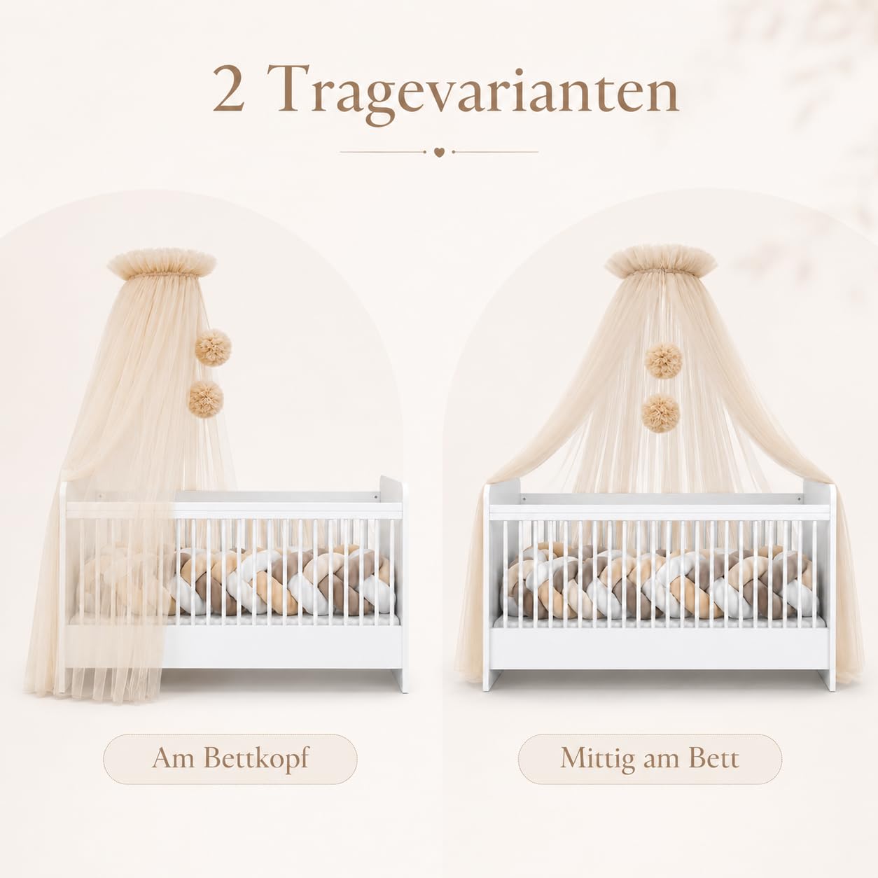 Babybetthimmel aus Tüll, Betthimmel für Babybett, Prinzessin Babywiege, Beistellbett Baby, Moskitonetz, Babyzimmer Deko, Baldachin Kinderzimmer 165cm lang, mit Pompons, Taupe (Nude)
