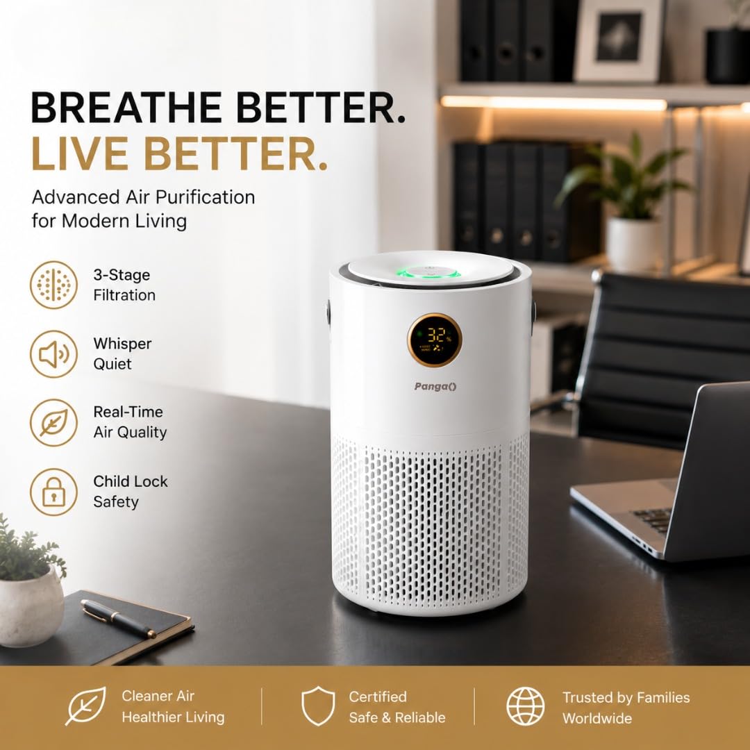 pangaO Air Purifier for Home & Office, 3-in-1, Pre, H13 HEPA, Activated Carbon, Removes 99.99% Pollutants, Allergens, Pet Dander, Smoke, Dust & Pollens - Air touch V1 1