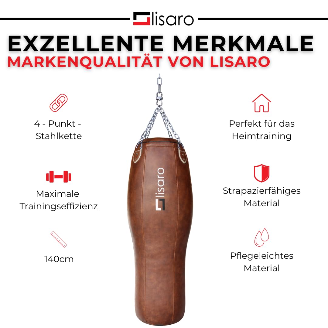 Lisaro Profi Uppercut Boxsack 140 cm – Punching Bag hängend 35 kg – Retro Uppercut Punching Bag für Boxen, Muay Thai, Kickboxen, MMA & BJJ – Premium Boxsack mit Kette für Gym & Home Gym