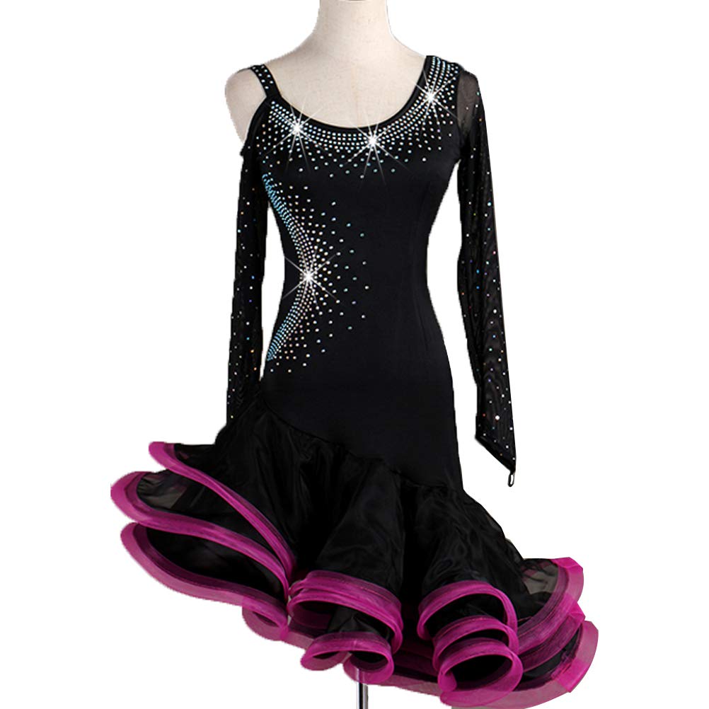 YDHTIZ Women's Latin Dance Dresses Rhinestones Cha Cha Skirt Ballroom Competition Dance Dress Costume for Rumba Rose Red