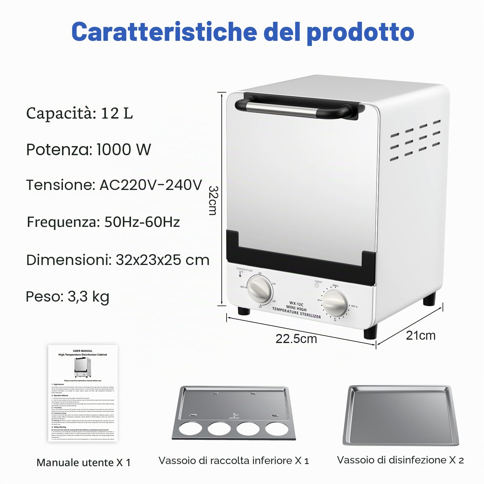 Xverycan 1000W Sterilizzatore ad aria calda Disinfezione, 12L Sterilizzatore a calore secco ad alta temperatura, piccoli sterilizzatori per strumenti per unghie, strumenti cosmetici