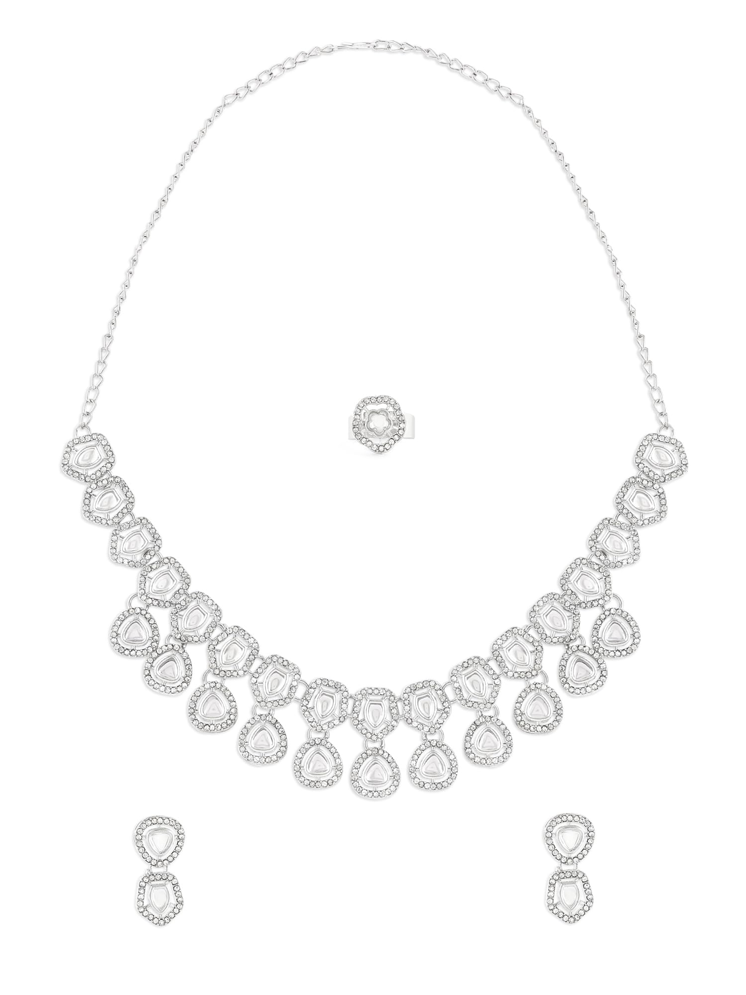 ZAVERI PEARLS Silver Tone Dazzling Austrian Diamonds Necklace Earring & Ring Set For Women-ZPFK17289 (B0CTF58JPK) Amazon Price History, Amazon Price Tracker