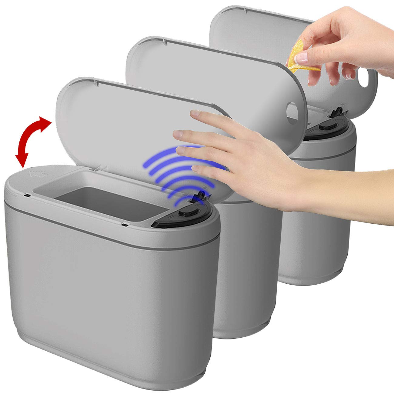 infactory Tisch-Mülleimer: 3er-Set Design-Abfalleimer mit Hand-Bewegungs-Sensor, je 2 l, grau (Mülleimer mit Sensordeckel, Mini, WC)