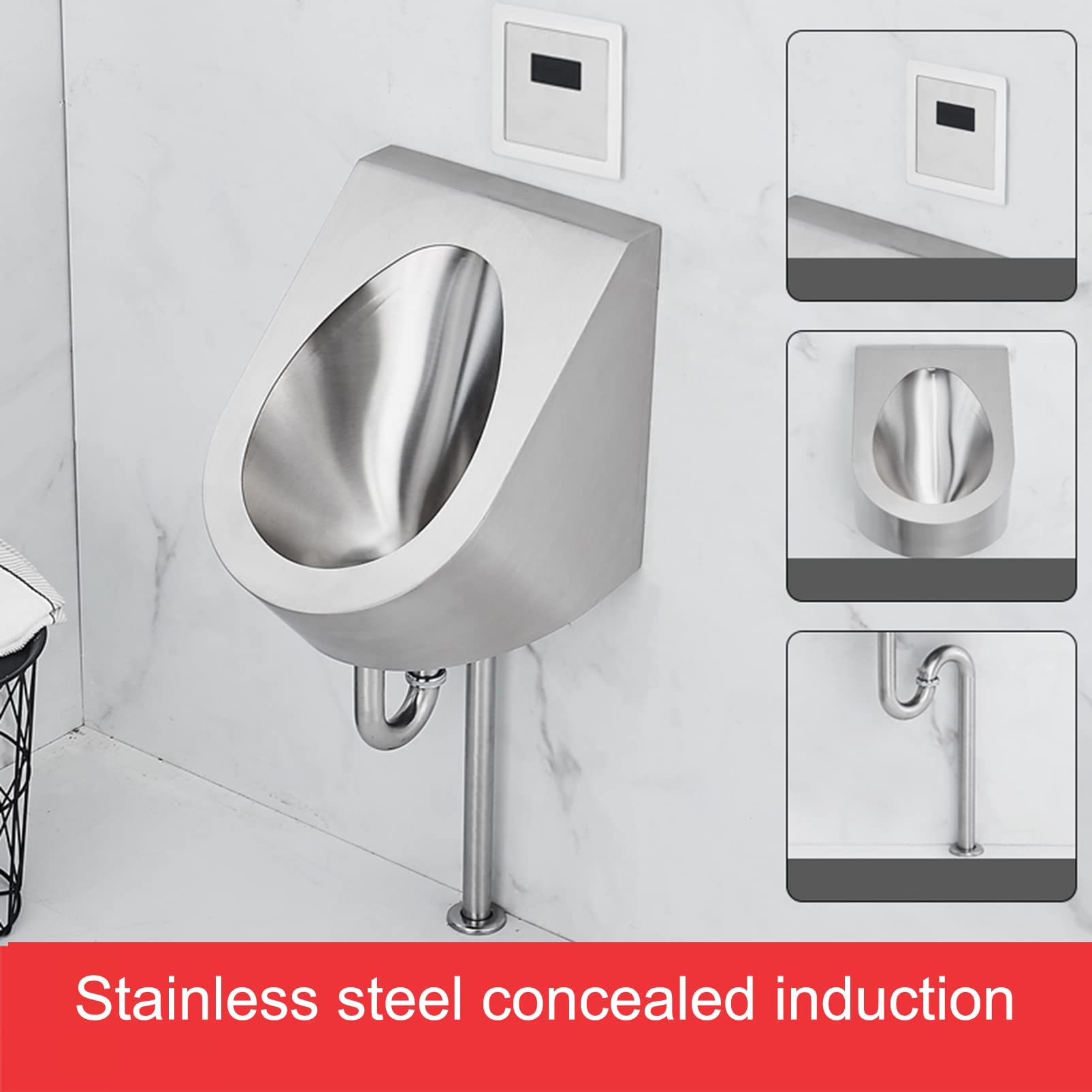 OTQEFTN Men's Stainless Steel Urinals, Wall-Mounted Standing Toilet Urinals, Commercial Smart Sensor High-Efficiency Flushing Urinals, Suitable for Hotels, Schools
