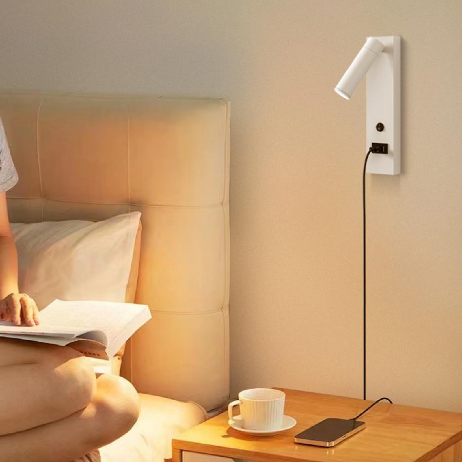 Aplique de Pared LED con luz de Lectura, Puertos USB, iluminación de Pared con interruptores, rotación de 350°+90°, Ajustable para Sala de Estar, dormitorios y Pasillo (Blanco, luz cálida).