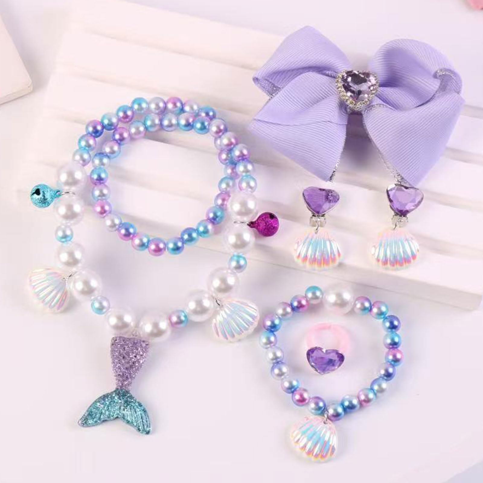 GWAWG Mermaid Bag Jewellery Gift Set: 7 PCS Princess Necklace, Bracelet, Rings, Earrings - Image 4