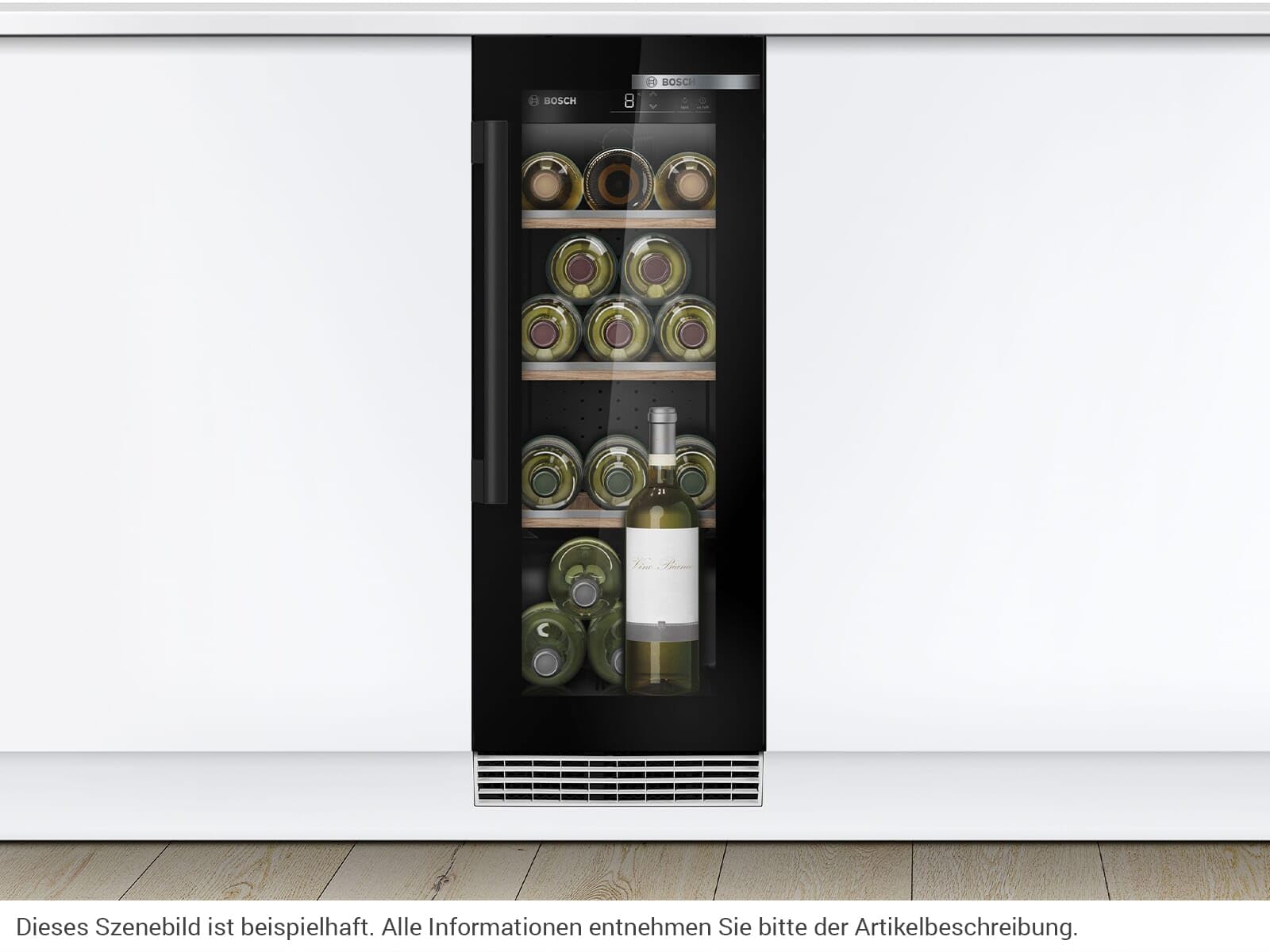 Bosch KUW20VHF0 Serie 6 Weinkühlschrank, 82 x 30 cm, 21 Flaschen, Temperatur: 5-20 °C, eine Temperaturzone, 58 L, LED-Beleuchtung gleichmäßige Ausleuchtung, ausschaltbares Präsenterlicht