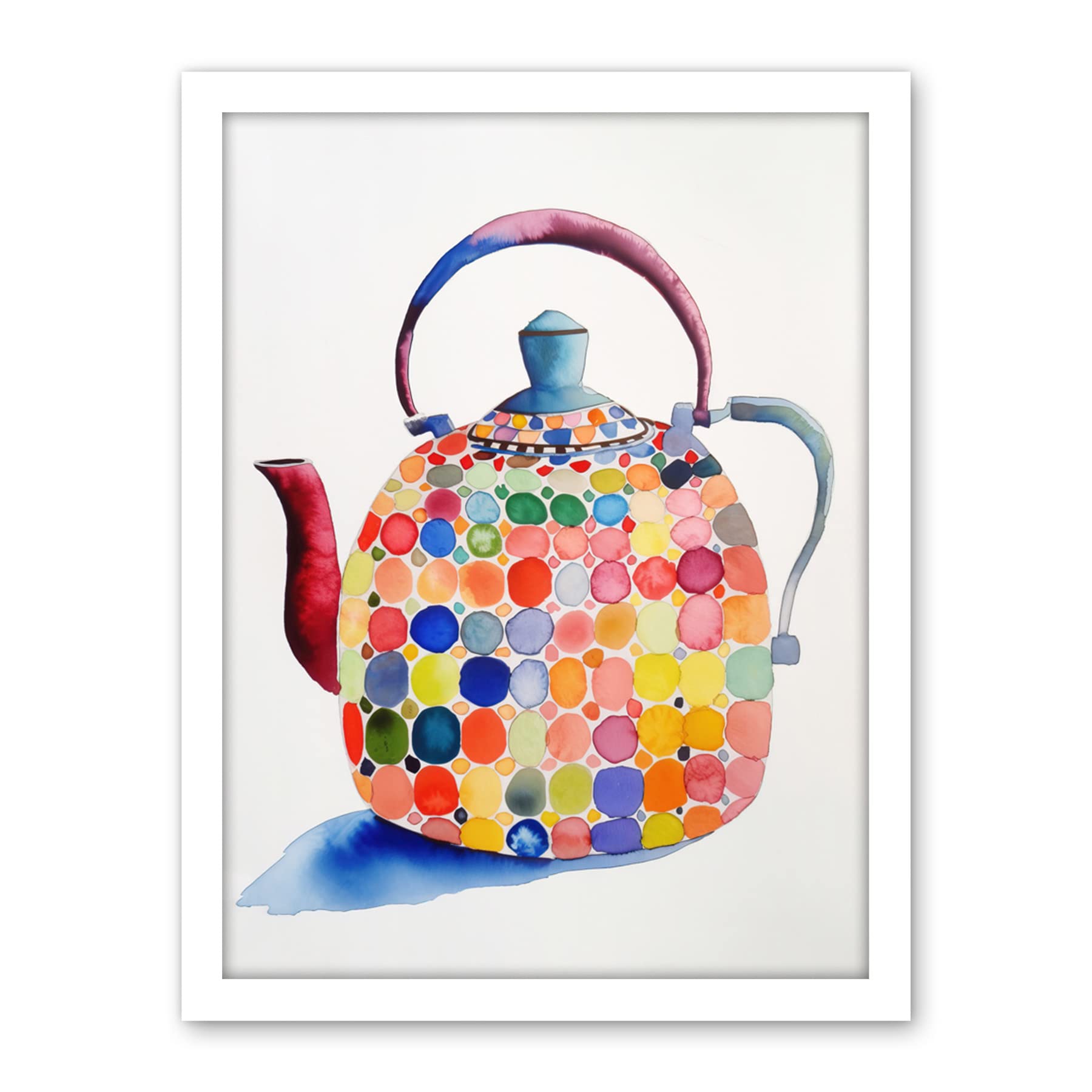 Artery8 Colourful Enamelled Teapot Tea Kettle Folk Art Watercolour Painting Artwork Framed Wall Art Print 18X24 Inch