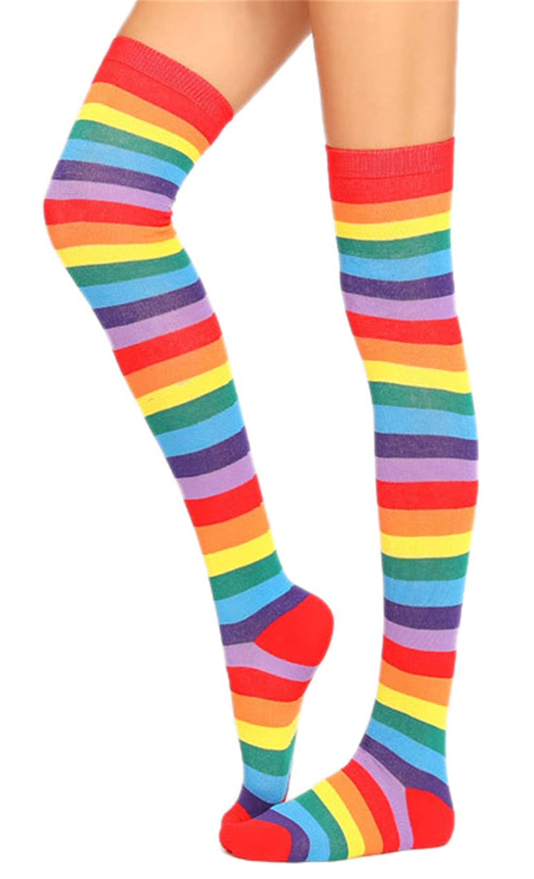Awlsyj 6 Pair Rainbow Stripes Knee High Socks Long Thigh Socks Halloween Witch Cosplay Stocking Women Girls