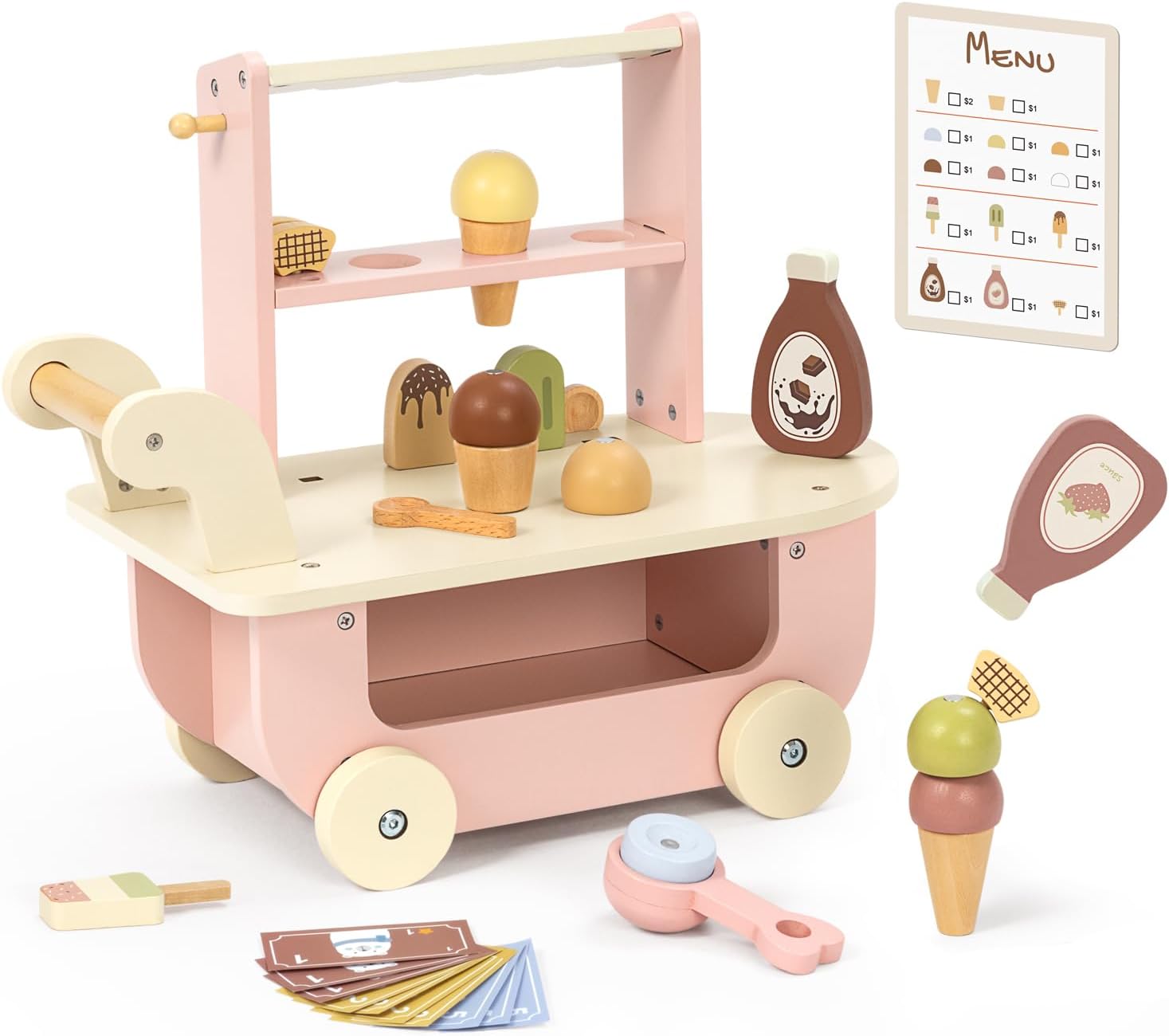 Baby Doll Crib with Two Storage Box, Bedding and Coat Hangers, Ice Cream Truck Toy with Scooper & Wheels