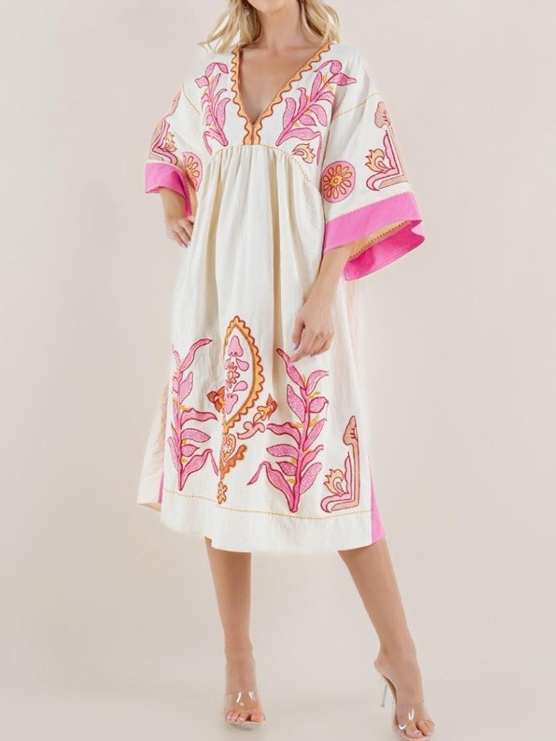 Womens Oversized Floral Embroidered Long Dress with V-Neck and 3/4 Sleeves Vintage Embroidery Babydoll Dress - Image 6