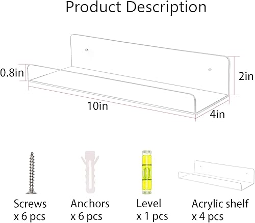 Miniatura 3 de TONICE 4 Pack Acrylic Shelves for Wall 10in Floating Shelf Wall Mounted Set for Room, Bedroom, Bathroom, Kitchen, Living Room, Office Book Shelf