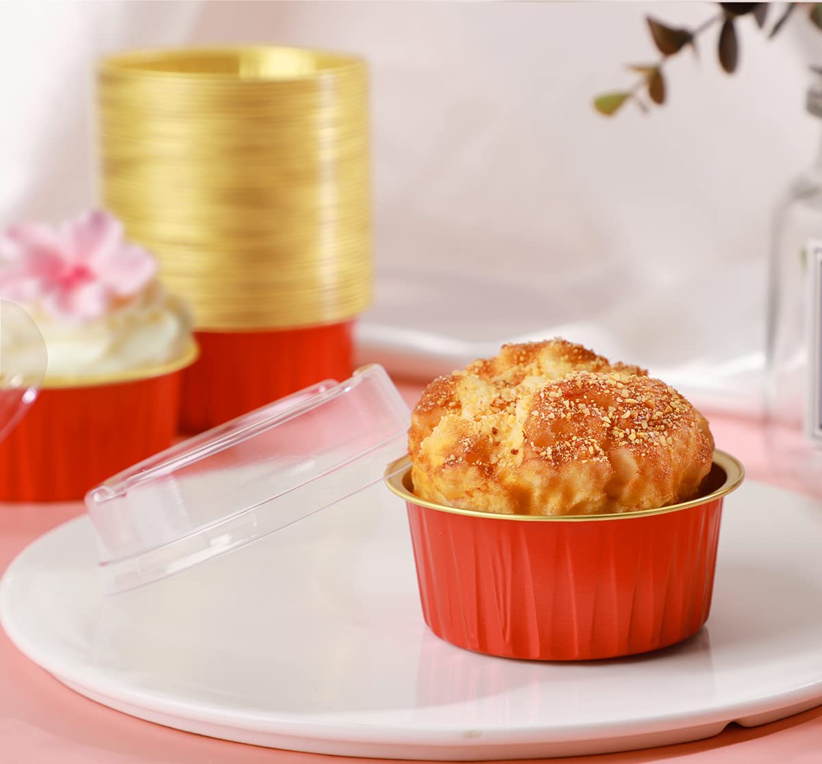 EUSOAR Baking Cups Aluminum Foil, 5oz 50pcs Cupcake Cups With Lids, 3.34x2.59x2.35\" 125ml Pie Ramekins, Desserts Flans, Creme Brulee Cups, Custard Cups, Catering Party Favor-Wine Red