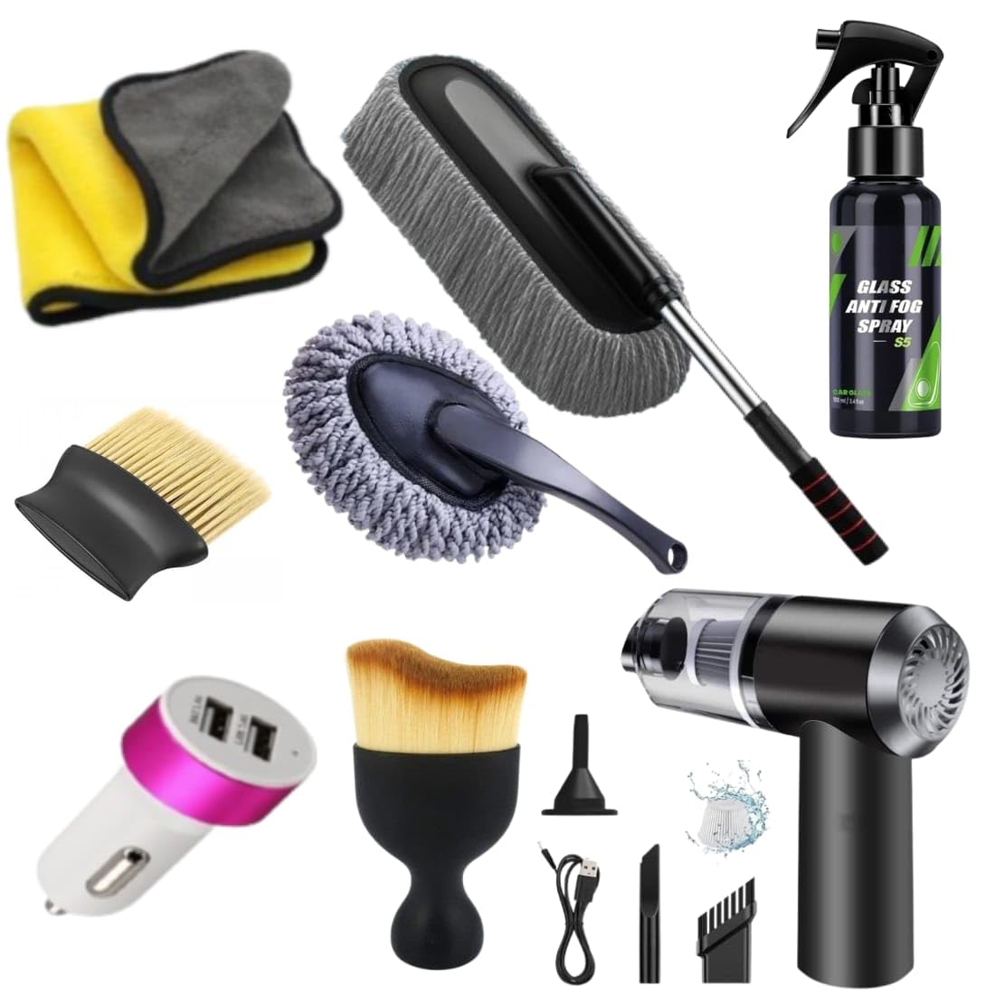 8 PCS Car Cleanig Kit with 3-in-1 Mini Vacuum Cleaner, Microfiber Cloth,Big Duster,Car Cleaning Anti-Fog Spray,Wheel Brush,AC Vent Brush&Interior Cleaning for velar,Truck,Bike Cleaning Tools-image-36