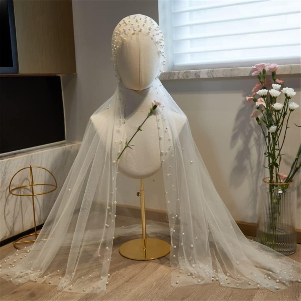 Short 1T Wedding Veil Pearls Soft Bridal Veils with Hood -Layer Ivory White Bride Veils Wedding Accessories(OneColor)