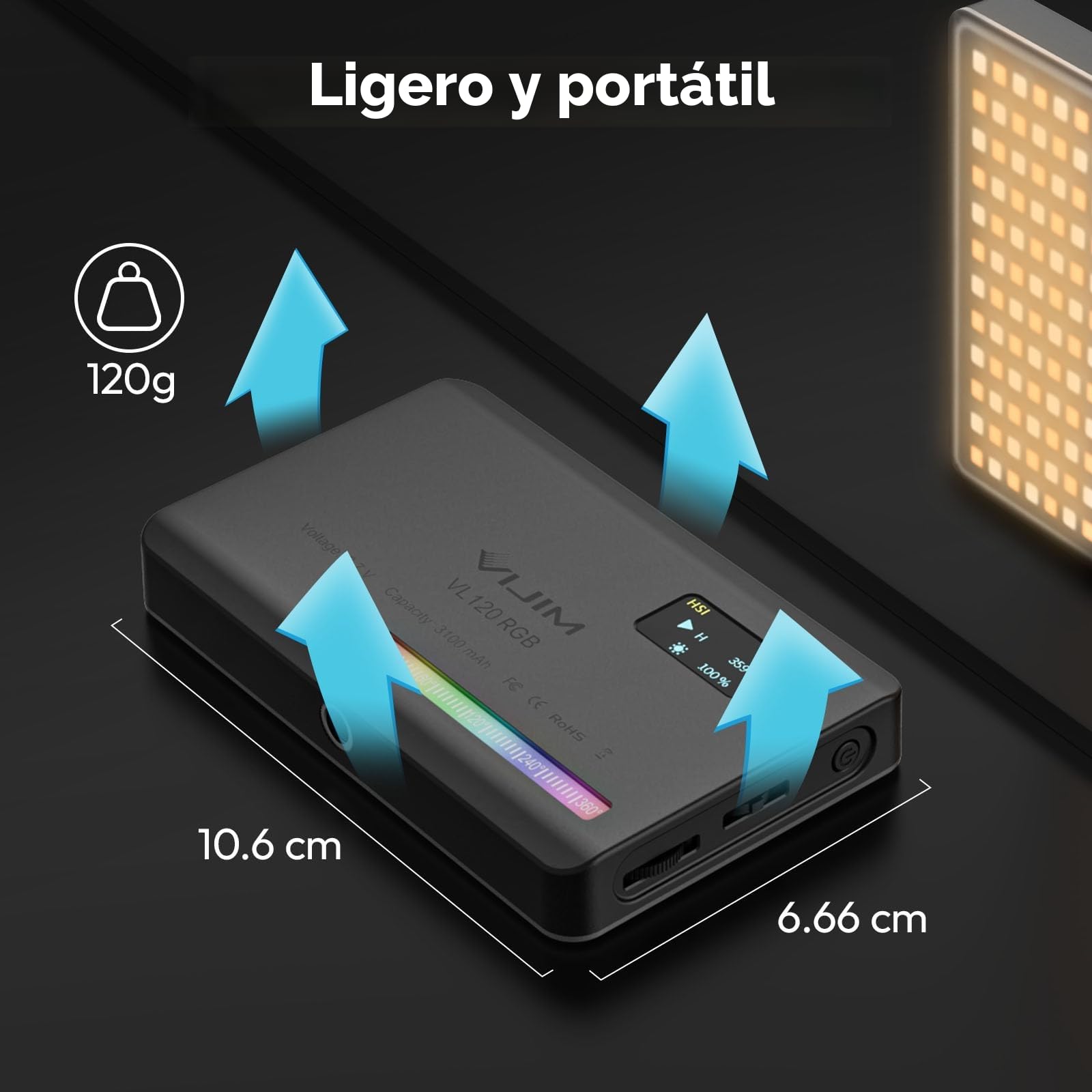ULANZI VL120 RGB Luz de vídeo LED, luz de vídeo de 5" Regulable 2500K-9000K, luz de cámara con Soporte de Zapata fría, batería incorporada de 3100mAh, luz para fotografía de vídeo con cámara