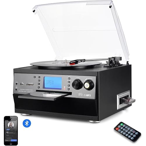 FEKTIK 10-in-1 Bluetooth Turntable with Built-in Speaker, Vinyl Record Player CD Cassette and FM Radio Combo, AUX in USB MP3 Recording Headphone Jack Compact Stereo System for Home