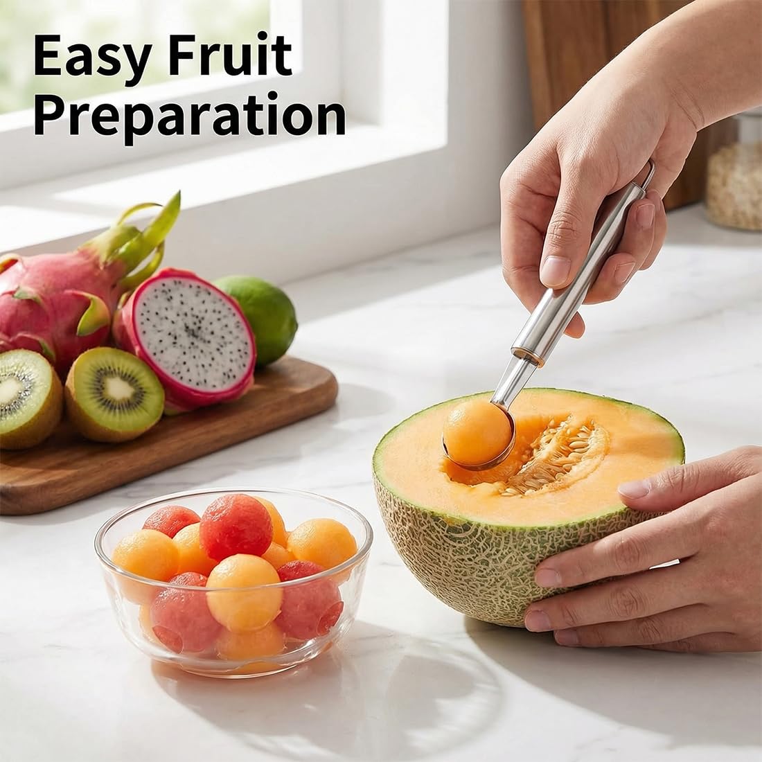 Set 4 en 1 Cuillère Parisienne à Melon Vide Pomme Denoyauteur Couteau Sculpteur Fruits Ustensile de Cuisine en Acier Inoxydable pour Faire des Billes