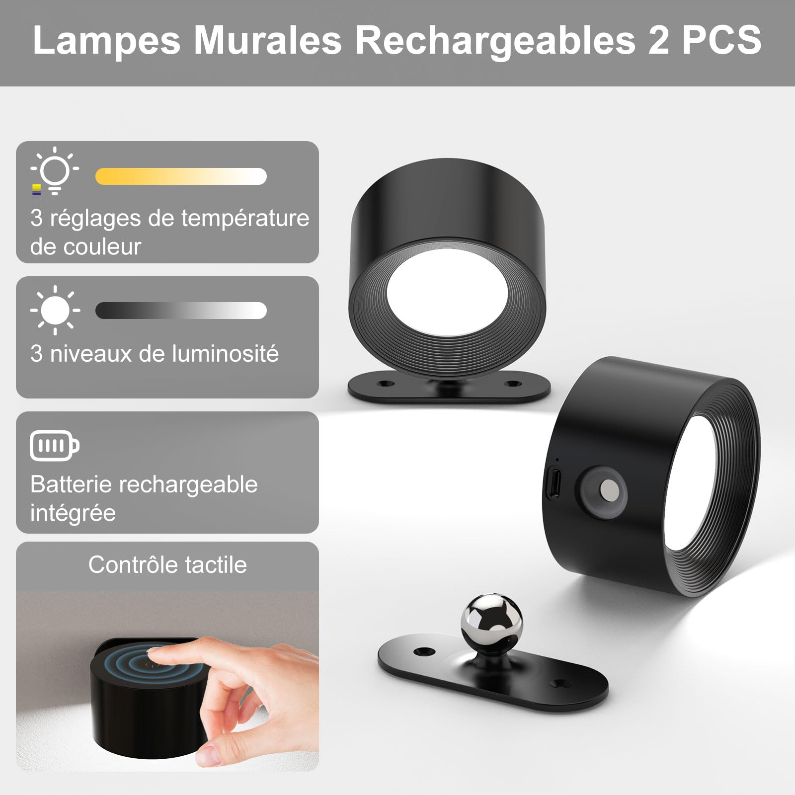 Applique Murale LED Touch avec Port USB, 3 Niveaux de Luminosité 3 Températures, Rotatif 360° Noir