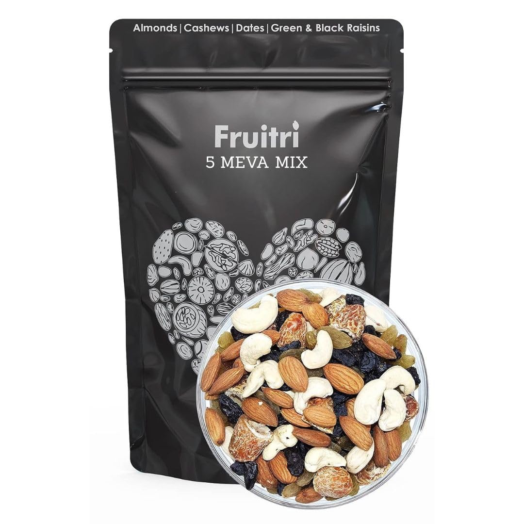 Fruitri Panchmeva Mixed Dry Fruits 1 Kg-, Healthy Trail Mix dry fruits combo pack contains Almond, Cashew, Dates, Green and Black Raisins, Superfood Nuts and dry fruits