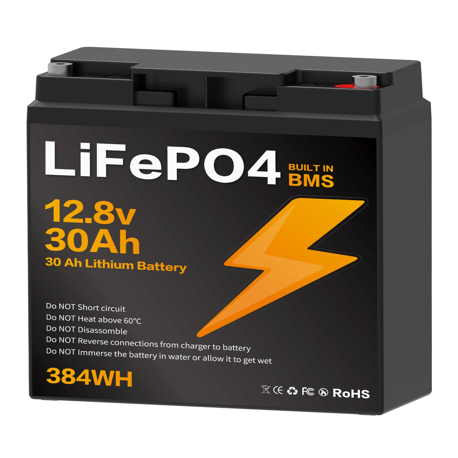 12V 30Ah Batteria LiFePO4, 15000 cicli di Scarica Profonda BMS 384Wh Adatta per moto Tosaerba Viaggi in Camper Barche Campeggio Ecoscandagli e Impianti Solari