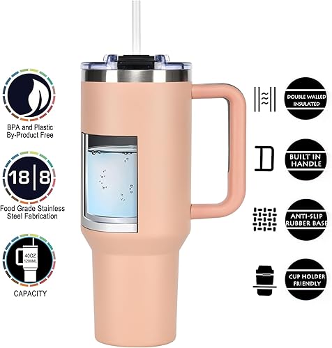 Miniatura 2 de ASPERFFORT Vaso de 40 onzas con asa y tapa con pajilla, botella de agua de acero inoxidable, taza de viaje aislada al vacío, taza de café helado