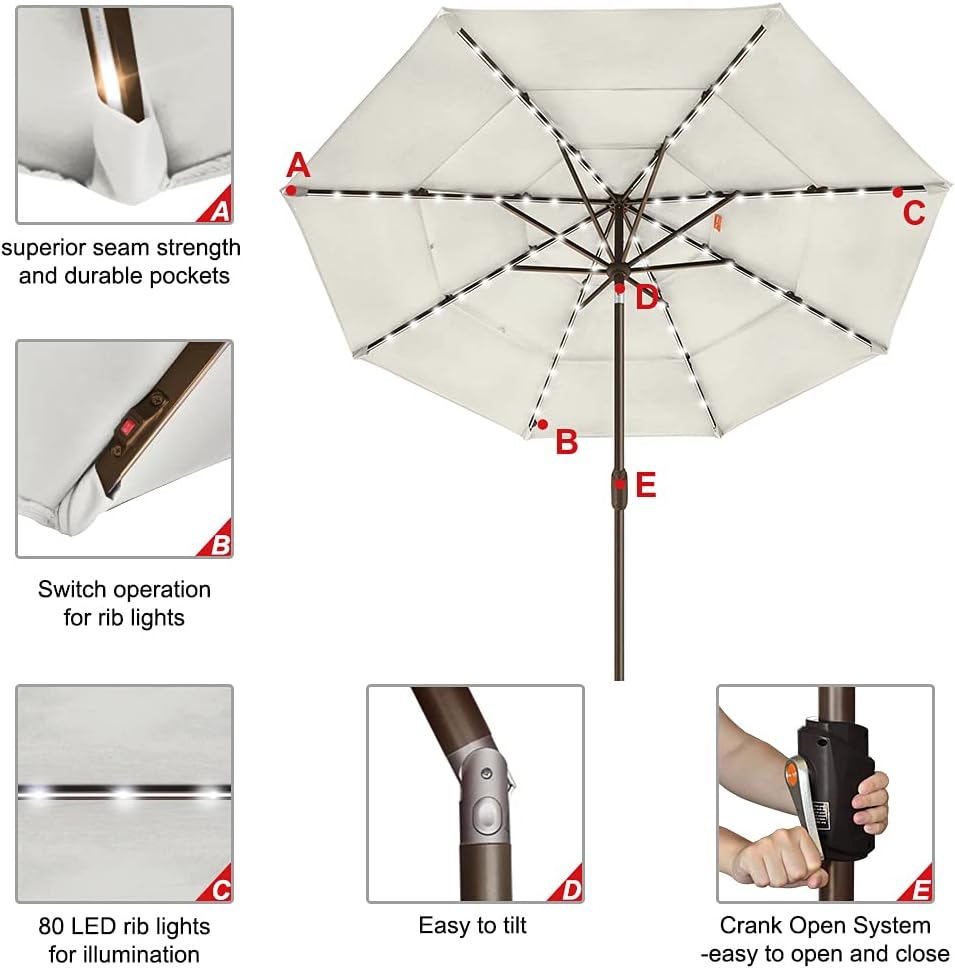 EliteShade USA 10-Year-Non-Fading Solar 9ft 3 Tiers Market Umbrella with 80 LED Lights Patio Umbrellas Outdoor Table with Ventilation（Natural）