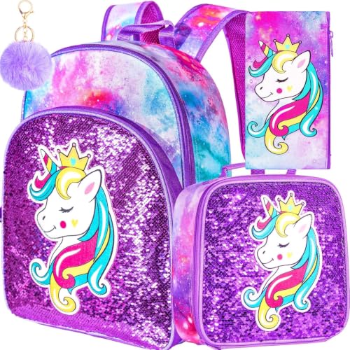 Image of 3PCS Girls Backpack, 16 inch Kids Sequins Unicorn Bookbag with Lunch Box, School Bags for Elementary Preschool Kindergarten - Purple