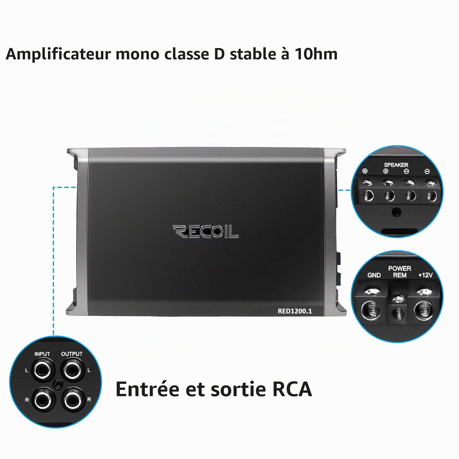 RECOIL RED1200-1 Ampli Mono Classe D 2500W Subwoofer Voiture | 1250W RMS @1Ω, 1Ω Stable, Télécommande Graves, MOSFET, Bass Boost