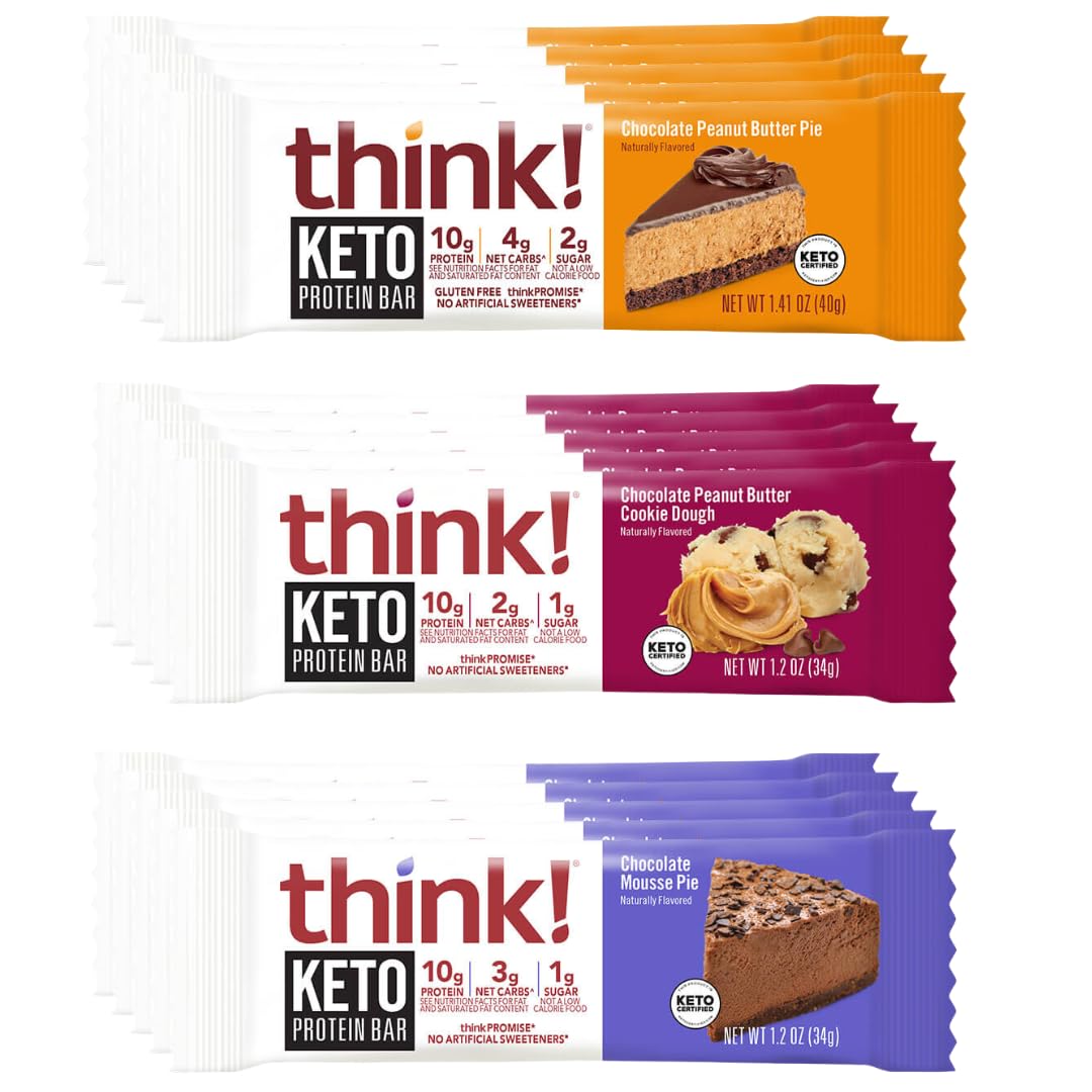 Think! Keto Protein Bars Variety Pack, High Protein Snacks, Gluten Free, Sugar Free Energy Nutrition Bars - 1.2 Oz Bars - 15 Pack