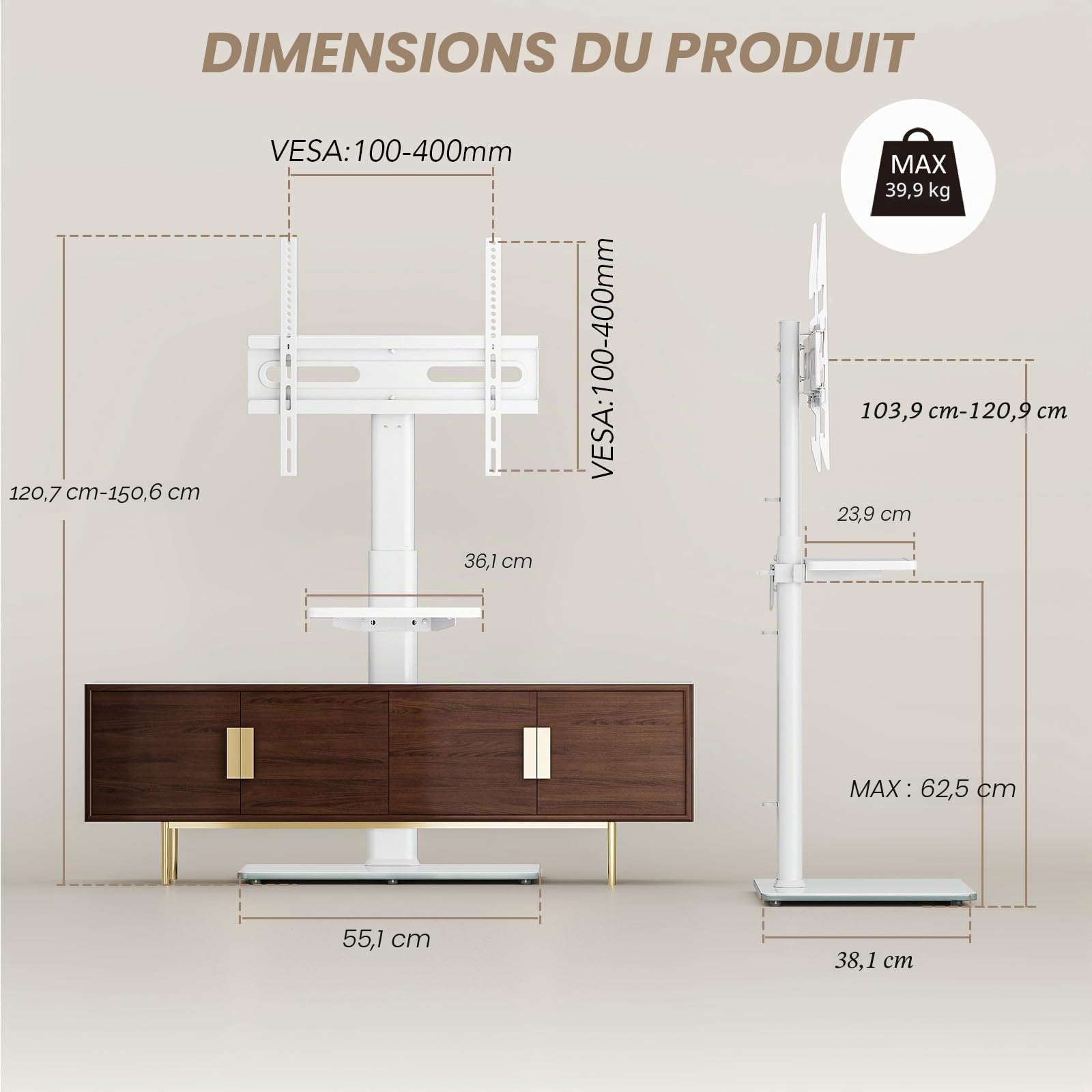 Support TV Universel au Sol avec Support pivotant à 70 degrés, Hauteur réglable à 9 Niveaux et Design Peu encombrant pour la Plupart des téléviseurs LCD LED OLED de 27 à 65 Pouces, Blanc